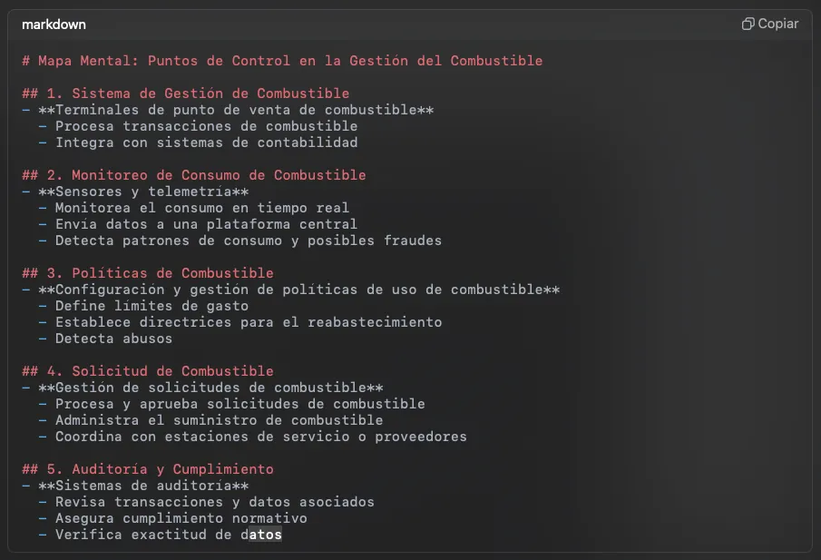 Ejemplo de mapa mental generado en markdown a partir del prompt